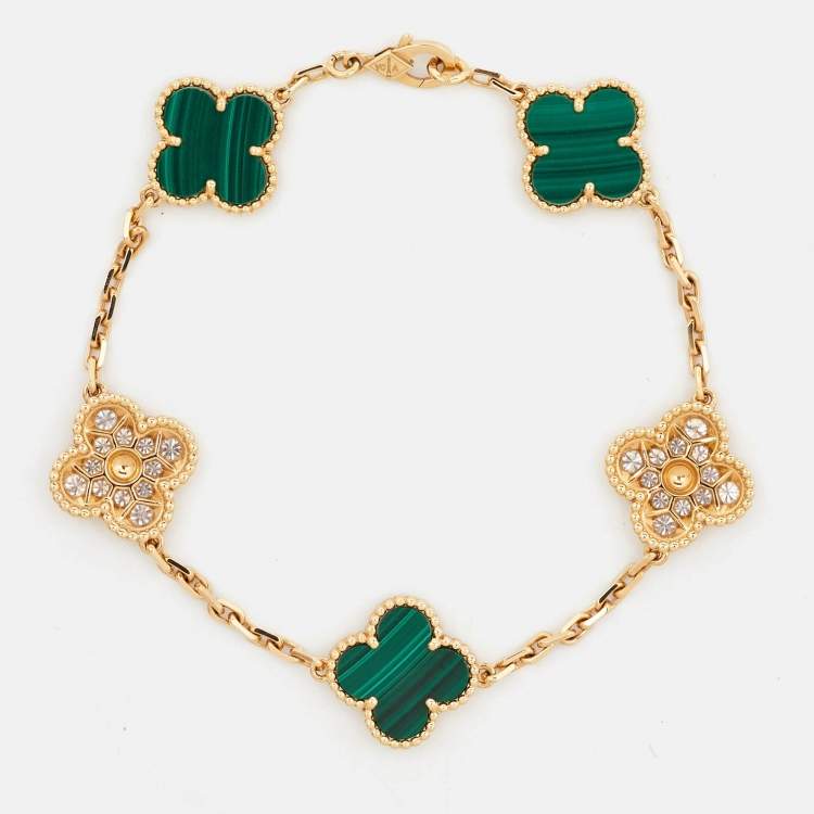 Pre Owned Van Cleef & Arpels Vintage Alhambra Malachite Diamond 18K Yellow Gold Bracelet