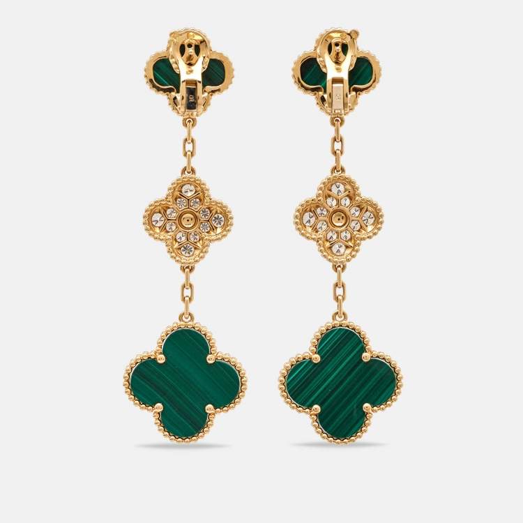 Pre Owned Van Cleef & Arpels Magic Alhambra Malachite Diamond 18k Yellow Gold Earrings