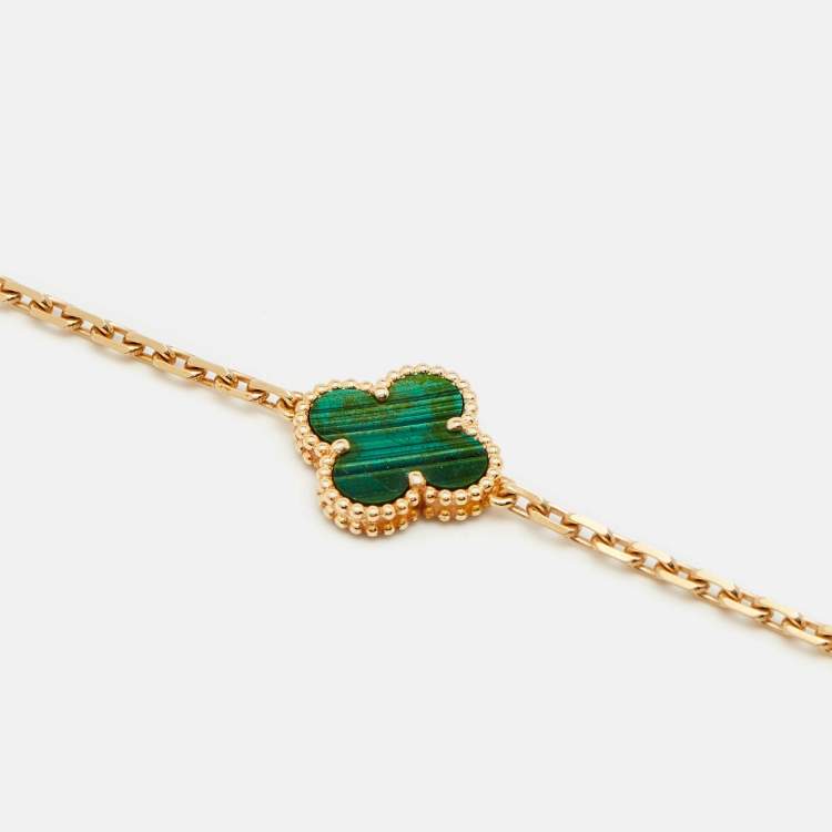 Pre Owned Van Cleef & Arpels Vintage Alhambra 20 Motif Malachite Diamonds 18K Yellow Gold Station Necklace