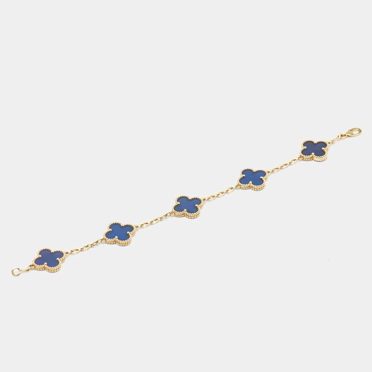 Pre Owned Van Cleef & Arpels Vintage Alhambra Agate 18k Yellow Gold 5 Motif Station Bracelet