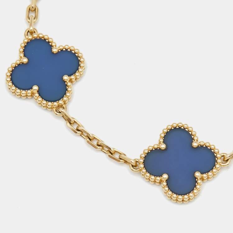 Pre Owned Van Cleef & Arpels Vintage Alhambra Agate 18k Yellow Gold 5 Motif Station Bracelet