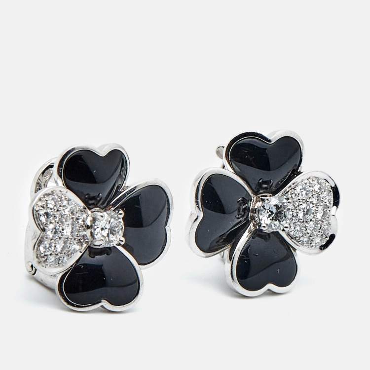 Pre Owned Van Cleef & Arpels Cosmos Onyx Diamonds 18k White Gold Medium Model Earrings