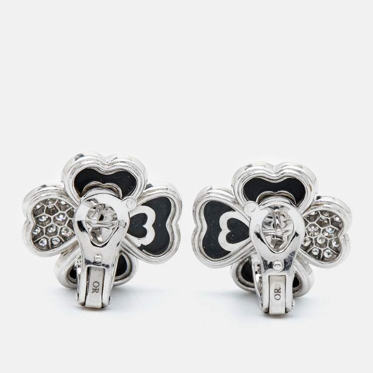 Pre Owned Van Cleef & Arpels Cosmos Onyx Diamonds 18k White Gold Medium Model Earrings