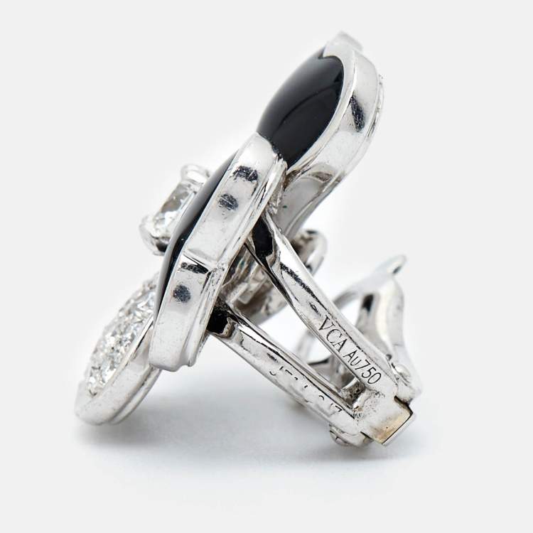 Pre Owned Van Cleef & Arpels Cosmos Onyx Diamonds 18k White Gold Medium Model Earrings