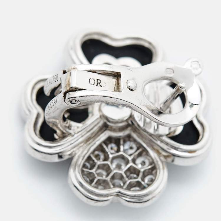Pre Owned Van Cleef & Arpels Cosmos Onyx Diamonds 18k White Gold Medium Model Earrings