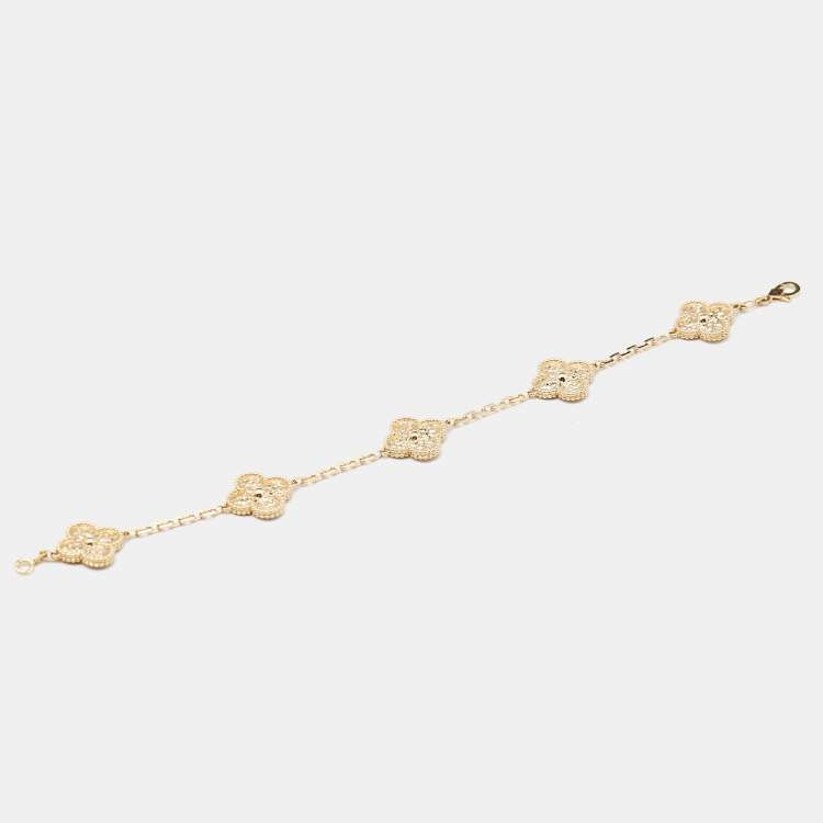 Pre Owned Van Cleef & Arpels Vintage Alhambra Hammered 18k Yellow Gold 5 Motif Station Bracelet