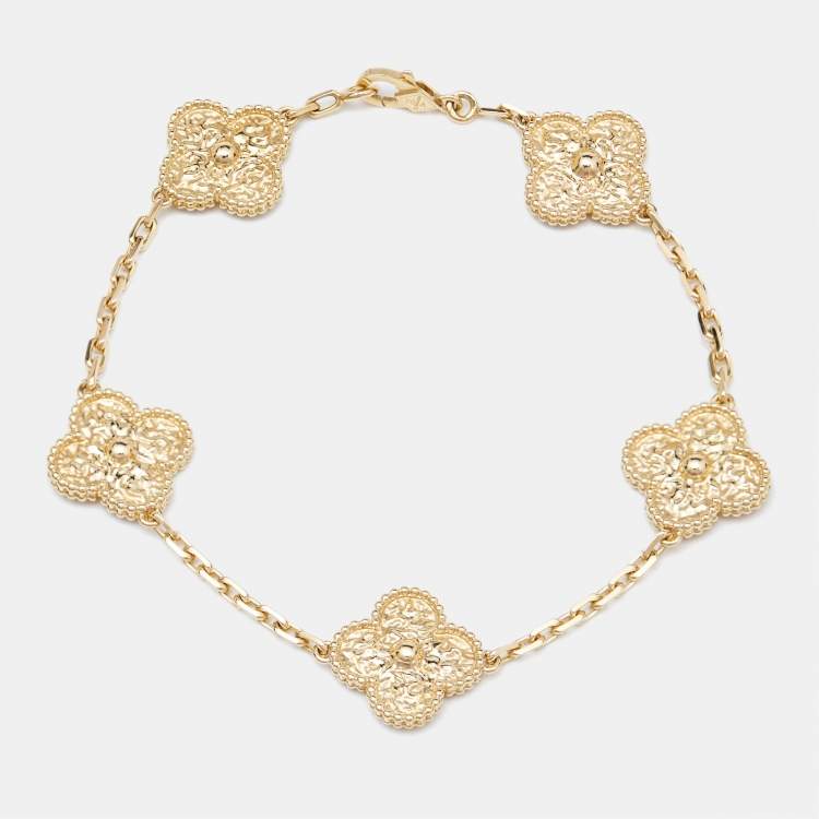 Pre Owned Van Cleef & Arpels Vintage Alhambra Hammered 18k Yellow Gold 5 Motif Station Bracelet