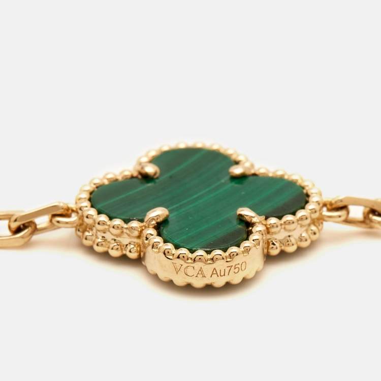 Pre Owned Van Cleef & Arpels Vintage Alhambra Malachite 18k Yellow Gold 5 Motif Station Bracelet