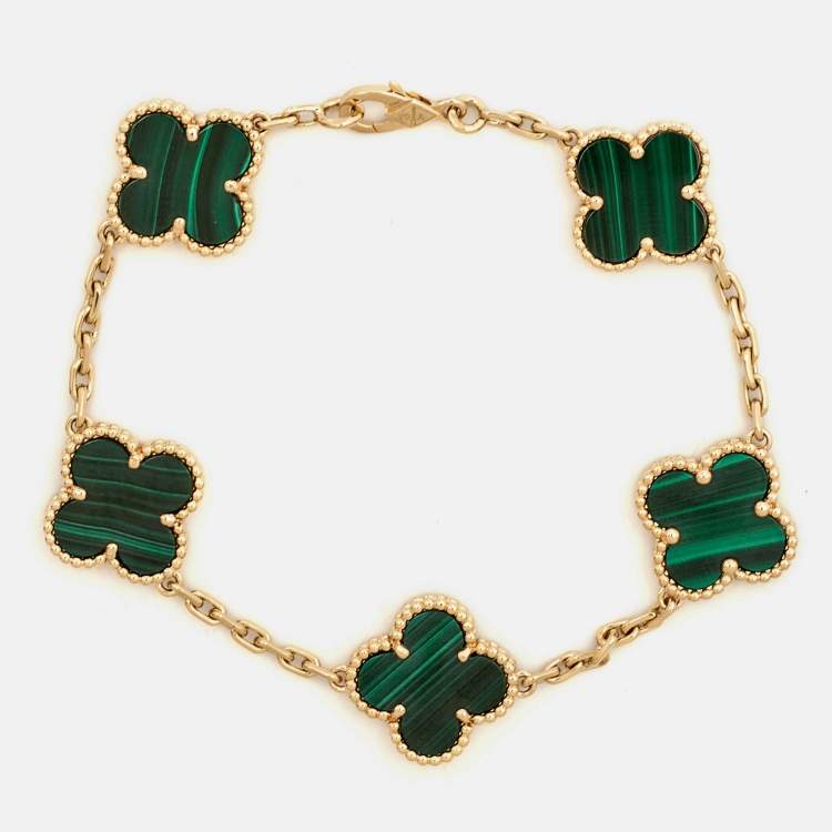 Pre Owned Van Cleef & Arpels Vintage Alhambra Malachite 18k Yellow Gold 5 Motif Station Bracelet