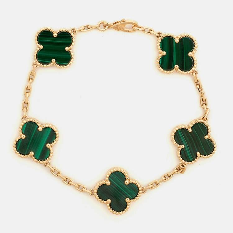 Pre Owned Van Cleef & Arpels Vintage Alhambra Malachite 18k Yellow Gold 5 Motif Station Bracelet