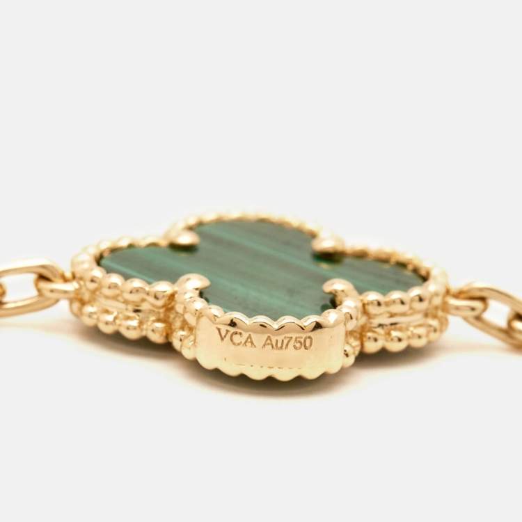 Pre Owned Van Cleef & Arpels Vintage Alhambra Malachite 18k Yellow Gold 5 Motif Station Bracelet