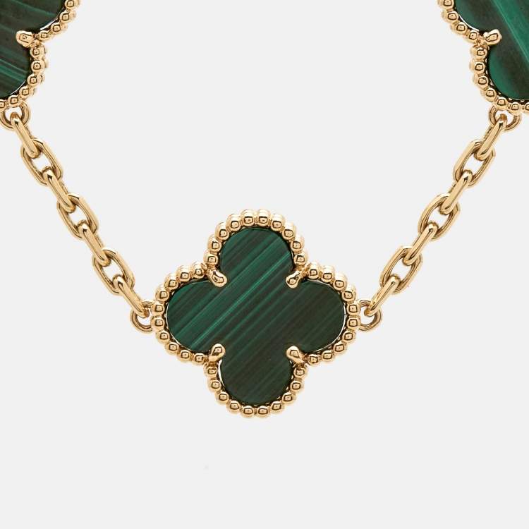 Pre Owned Van Cleef & Arpels Vintage Alhambra Malachite 18k Yellow Gold 5 Motif Station Bracelet