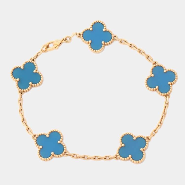 Pre Owned Van Cleef & Arpels Vintage Alhambra Agate 18k Yellow Gold 5 Motif Station Bracelet