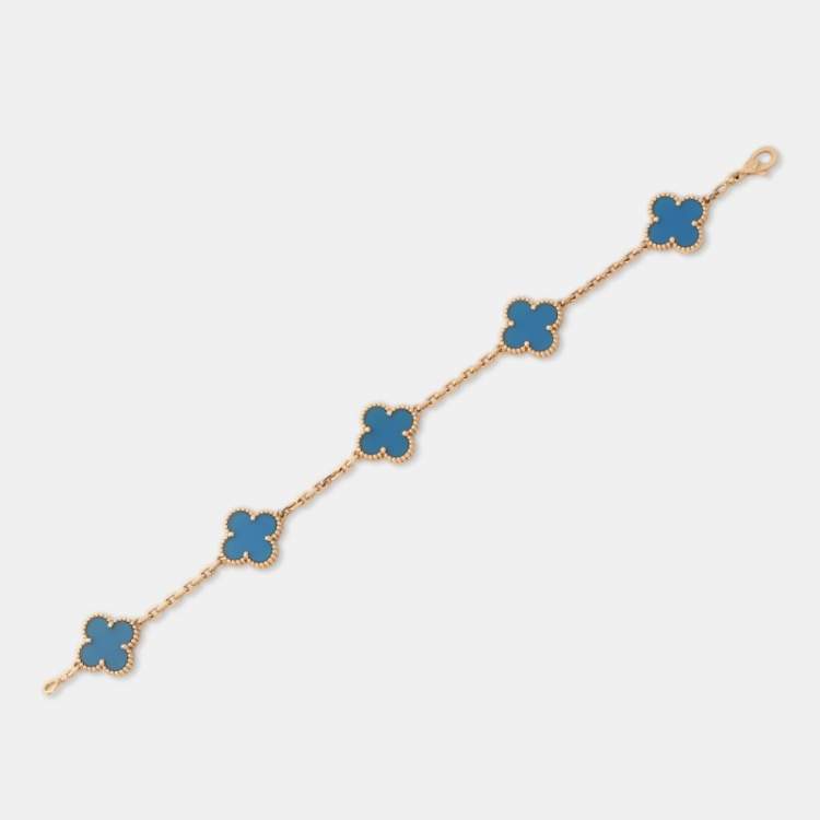Pre Owned Van Cleef & Arpels Vintage Alhambra Agate 18k Yellow Gold 5 Motif Station Bracelet