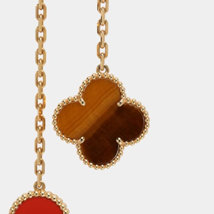 مملوكة مسبقًا Van Cleef & Arpels Magic Alhambra 6 Motif Carnelian Tiger's Eye 18K Yellow Gold Pendant Necklace