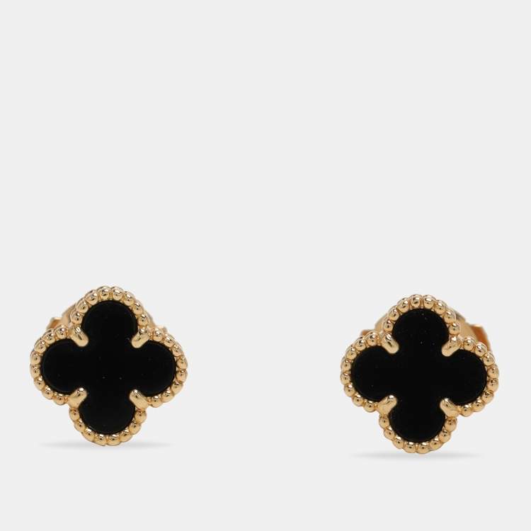 Pre Owned Van Cleef & Arpels Sweet Alhambra Onyx 18k Yellow Gold Earrings