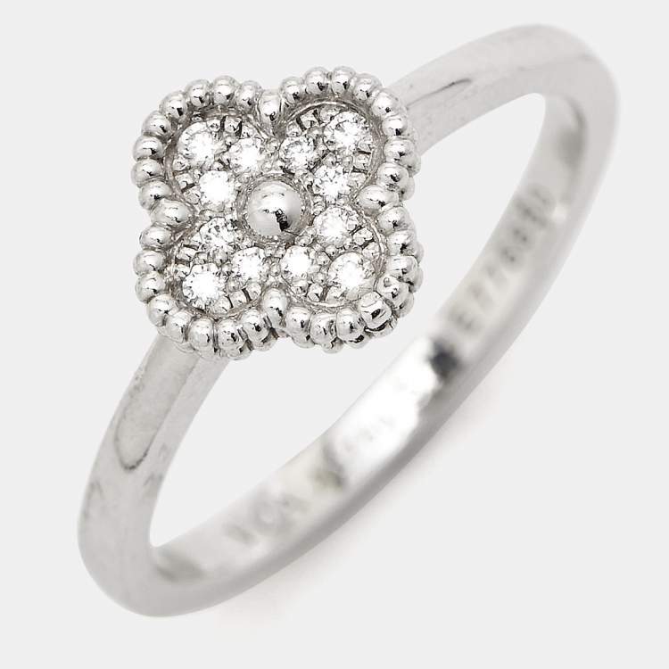 Pre Owned Van Cleef & Arpels Sweet Alhambra Diamond 18k White Gold Ring Size 57