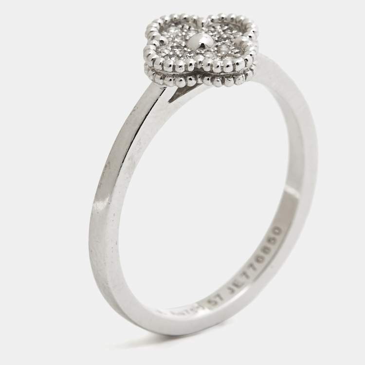 Pre Owned Van Cleef & Arpels Sweet Alhambra Diamond 18k White Gold Ring Size 57