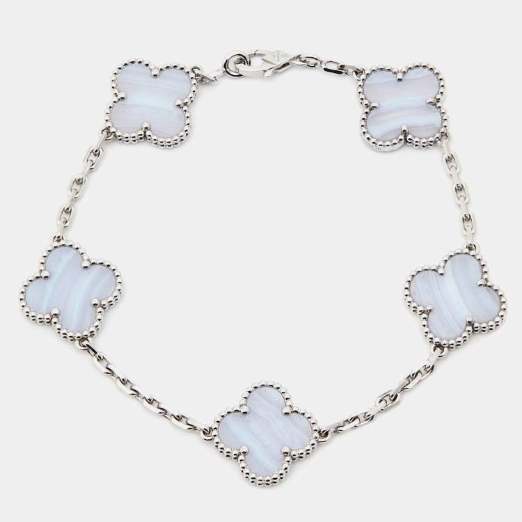 Pre Owned Van Cleef & Arpels Vintage Alhambra Chalcedony 18K White Gold 5 Motif Station Bracelet