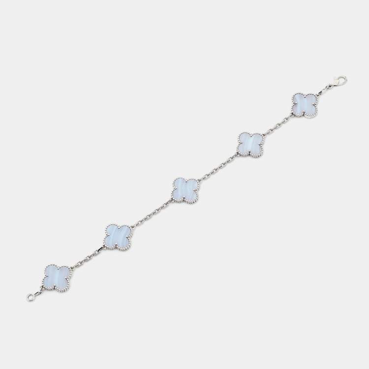Pre Owned Van Cleef & Arpels Vintage Alhambra Chalcedony 18K White Gold 5 Motif Station Bracelet