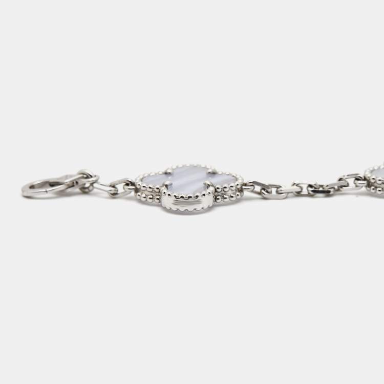Pre Owned Van Cleef & Arpels Vintage Alhambra Chalcedony 18K White Gold 5 Motif Station Bracelet