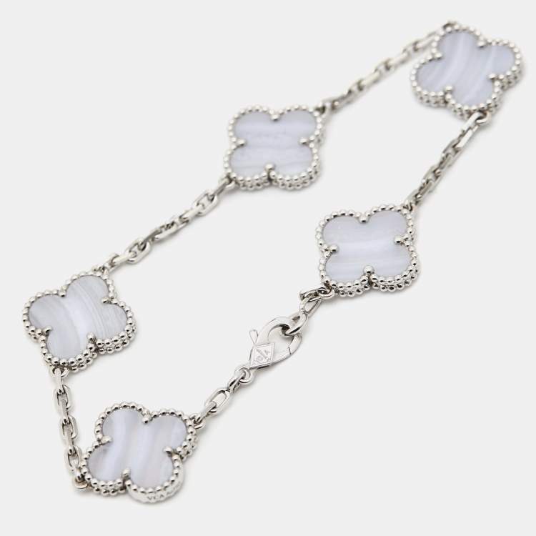 Pre Owned Van Cleef & Arpels Vintage Alhambra Chalcedony 18K White Gold 5 Motif Station Bracelet