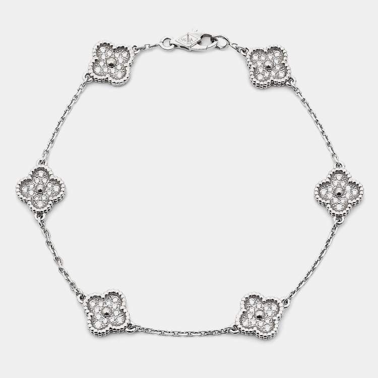 Pre Owned Van Cleef & Arpels Sweet Alhambra Diamond 18k White Gold 6 Motif Station Bracelet