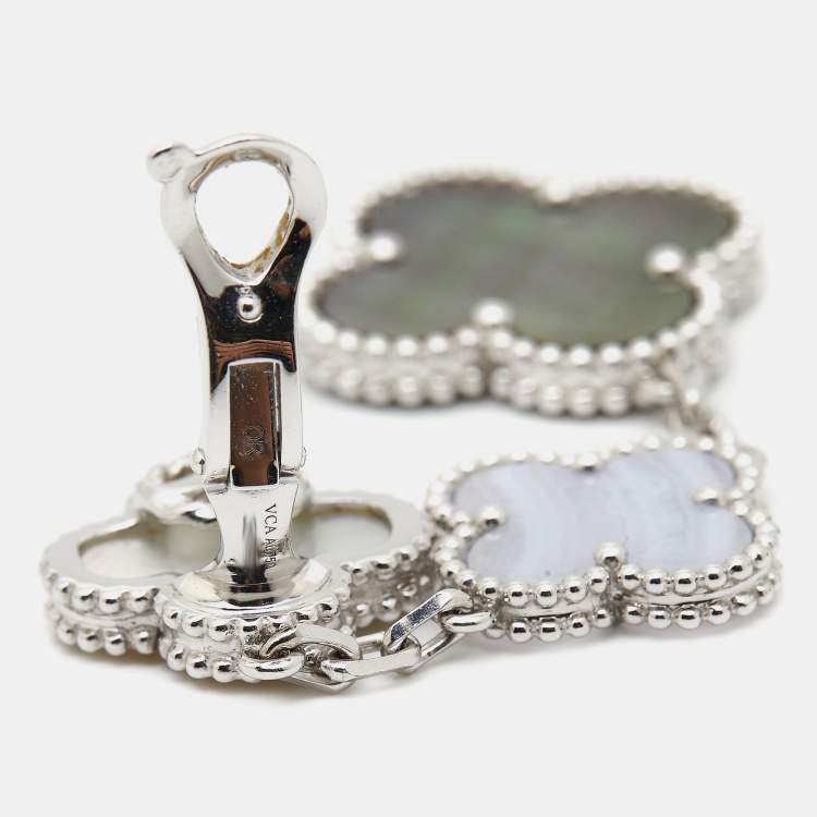 Pre Owned Van Cleef & Arpels Magic Alhambra Mother of Pearl Chalcedony 18K White Gold 3 Motif Long Earrings