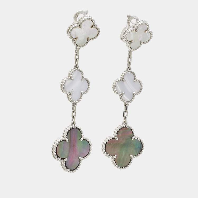 Pre Owned Van Cleef & Arpels Magic Alhambra Mother of Pearl Chalcedony 18K White Gold 3 Motif Long Earrings