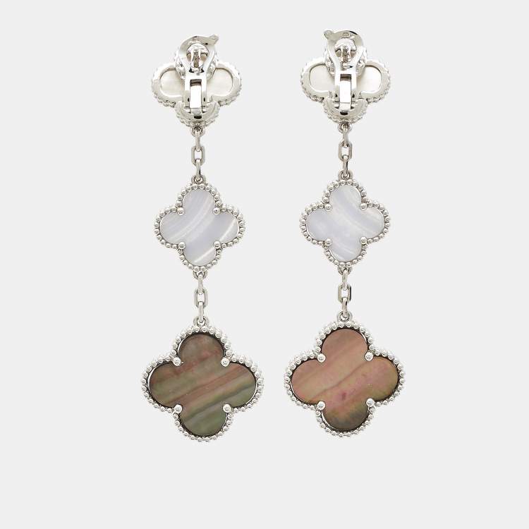Pre Owned Van Cleef & Arpels Magic Alhambra Mother of Pearl Chalcedony 18K White Gold 3 Motif Long Earrings