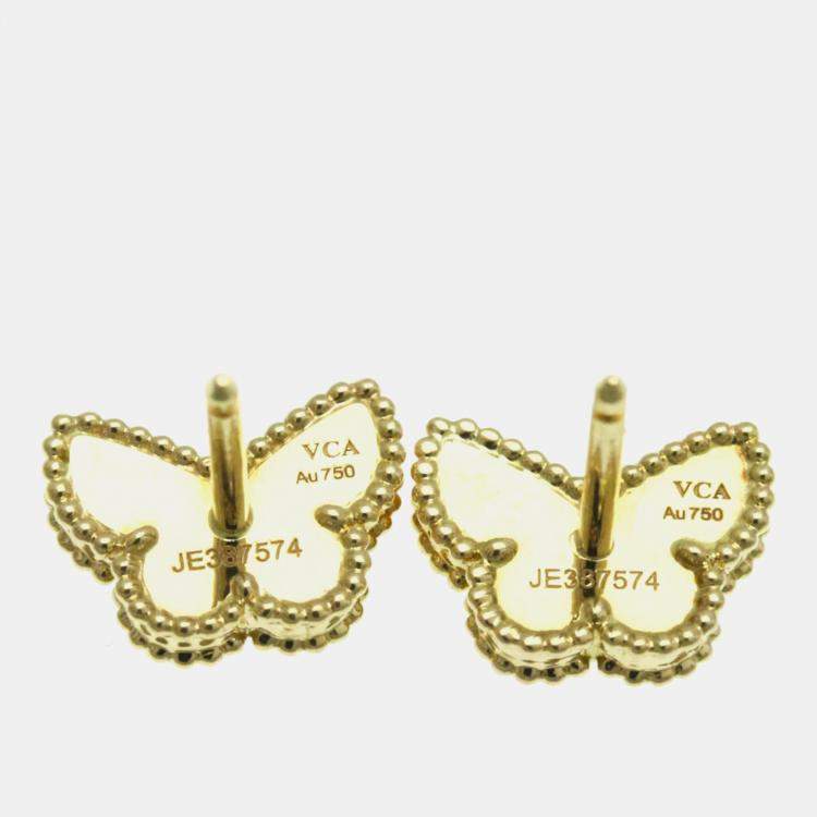 Pre Owned Van Cleef & Arpels 18K Yellow Gold, Mother of Pearl Butterfly Sweet Alhambra Studs Earrings