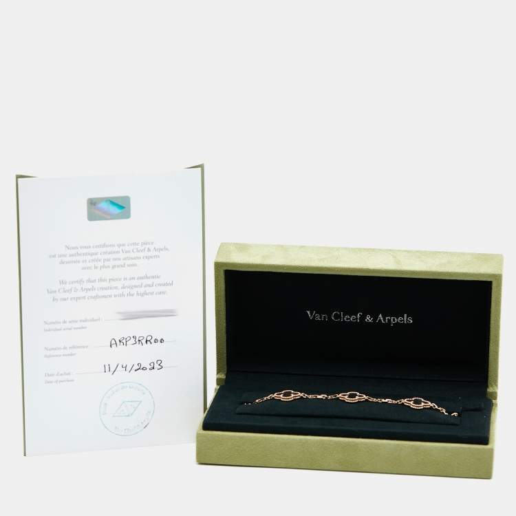 Pre Owned Van Cleef & Arpels Vintage Alhambra Grey Mother of Pearl 18K Rose Gold 5 Motif Station Bracelet