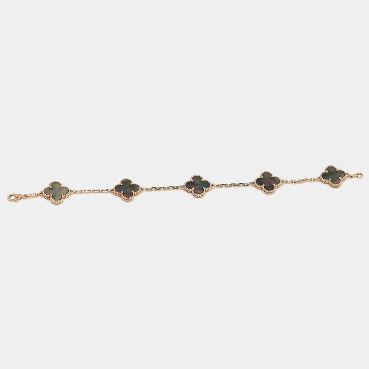 Pre Owned Van Cleef & Arpels Vintage Alhambra Grey Mother of Pearl 18K Rose Gold 5 Motif Station Bracelet