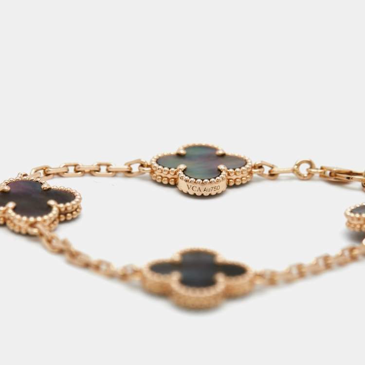 Pre Owned Van Cleef & Arpels Vintage Alhambra Grey Mother of Pearl 18K Rose Gold 5 Motif Station Bracelet