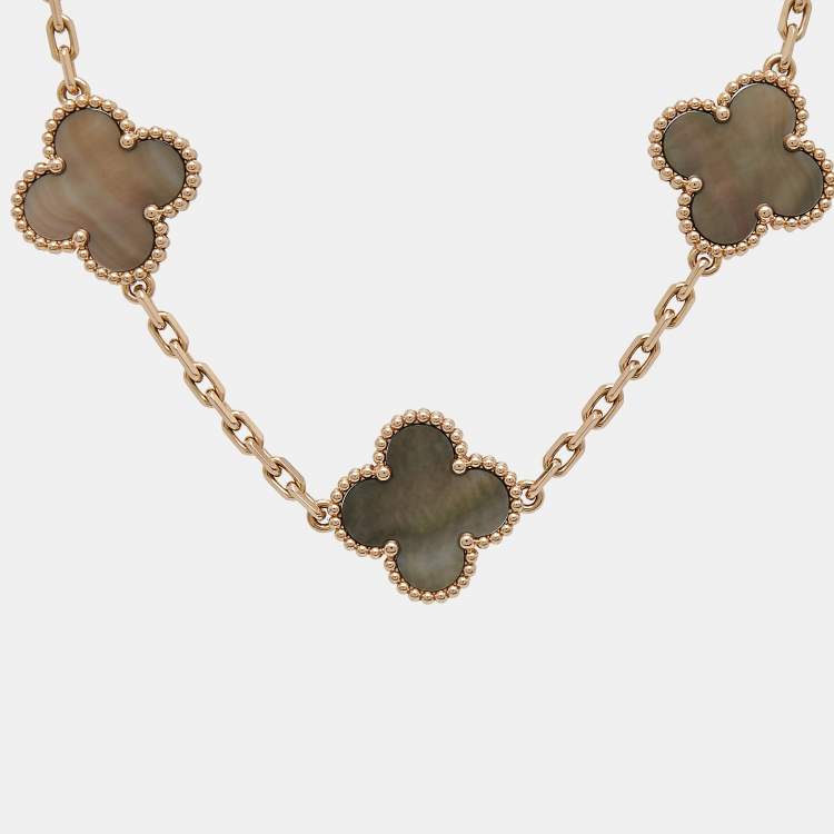 Pre Owned Van Cleef & Arpels Vintage Alhambra Grey Mother of Pearl 18K Rose Gold 5 Motif Station Bracelet