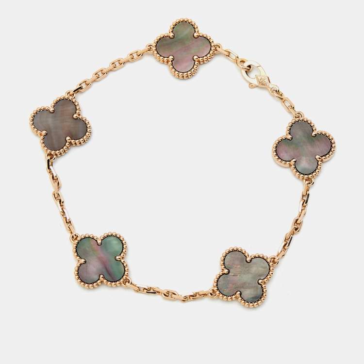 Pre Owned Van Cleef & Arpels Vintage Alhambra Grey Mother of Pearl 18K Rose Gold 5 Motif Station Bracelet