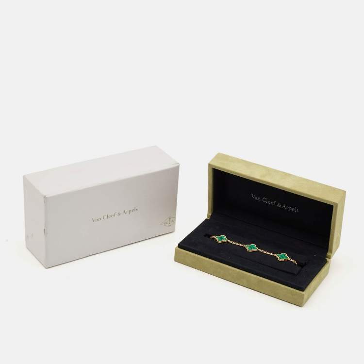 Pre Owned Van Cleef & Arpels Vintage Alhambra Malachite 5 Motif 18k Yellow Gold Bracelet