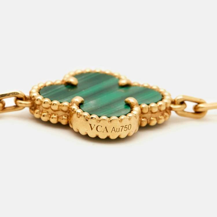 Pre Owned Van Cleef & Arpels Vintage Alhambra Malachite 5 Motif 18k Yellow Gold Bracelet