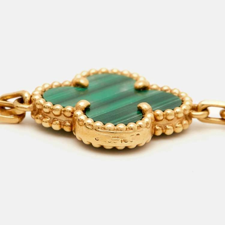 Pre Owned Van Cleef & Arpels Vintage Alhambra Malachite 5 Motif 18k Yellow Gold Bracelet