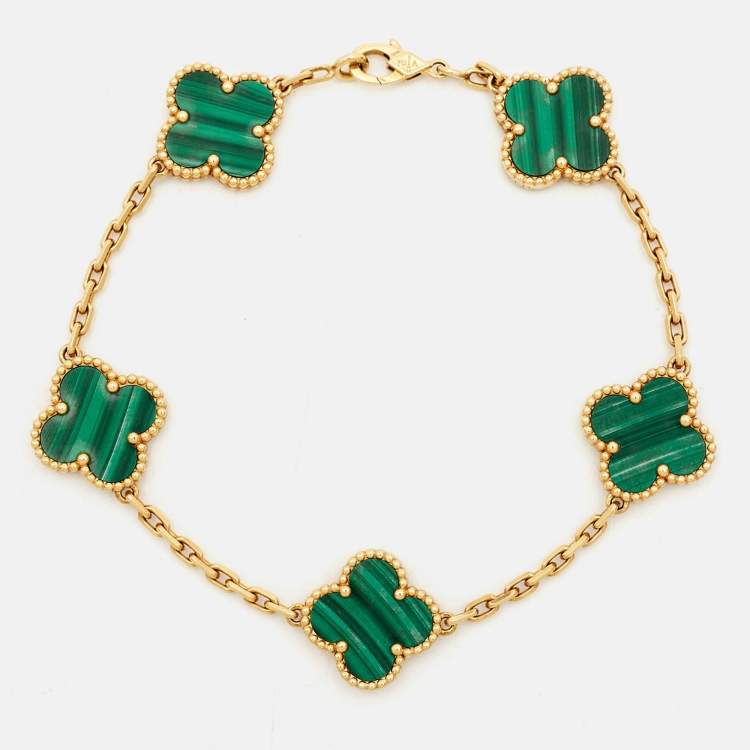 Pre Owned Van Cleef & Arpels Vintage Alhambra Malachite 5 Motif 18k Yellow Gold Bracelet