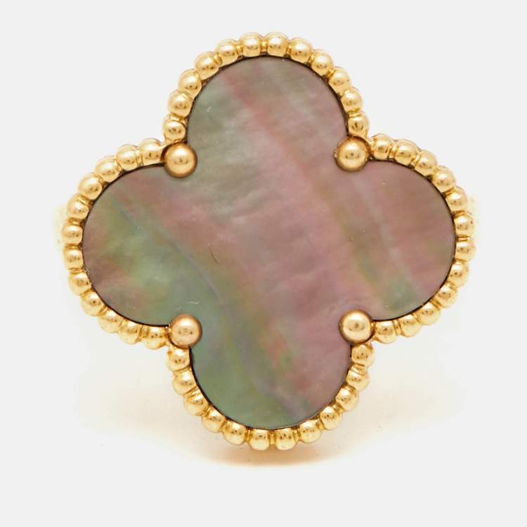 Pre Owned Van Cleef & Arpels Magic Alhambra Grey Mother of Pearl 18k Yellow Gold Ring Size 54