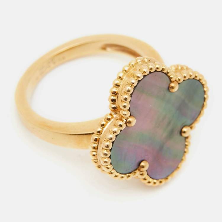 Pre Owned Van Cleef & Arpels Magic Alhambra Grey Mother of Pearl 18k Yellow Gold Ring Size 54