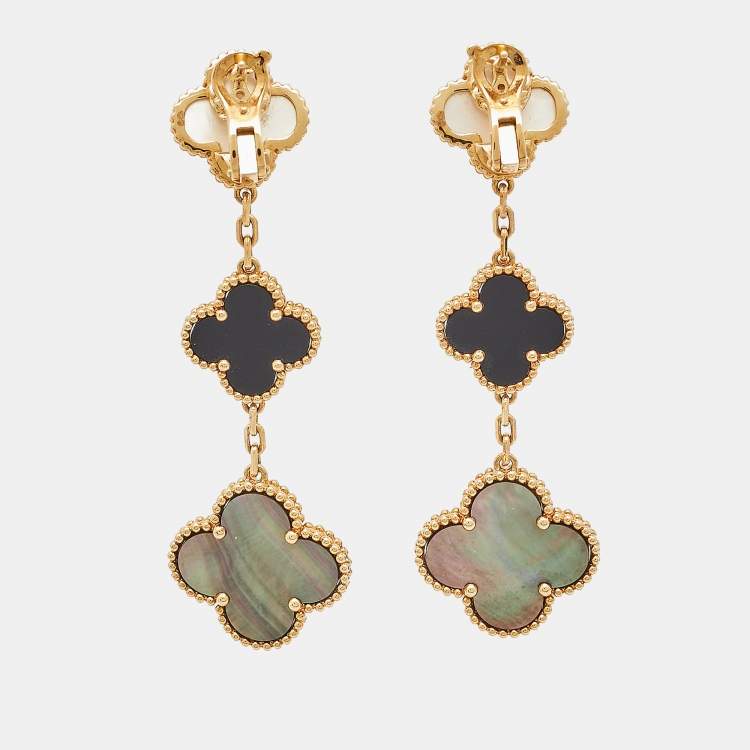 Pre Owned Van Cleef & Arpels Magic Alhambra Mother of Pearl Onyx 18k Yellow Gold Earrings