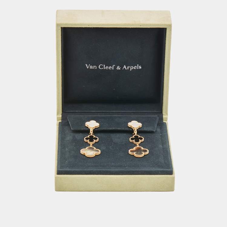 Pre Owned Van Cleef & Arpels Magic Alhambra Mother of Pearl Onyx 18k Yellow Gold Earrings