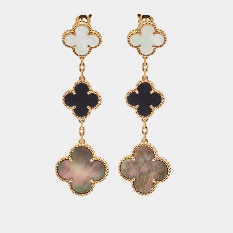 Pre Owned Van Cleef & Arpels Magic Alhambra Mother of Pearl Onyx 18k Yellow Gold Earrings