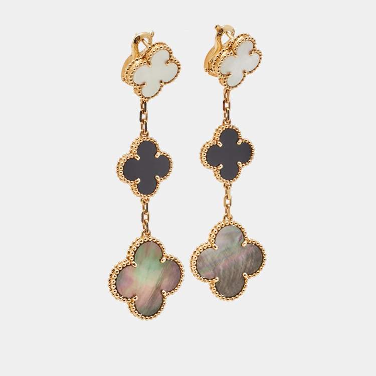 Pre Owned Van Cleef & Arpels Magic Alhambra Mother of Pearl Onyx 18k Yellow Gold Earrings