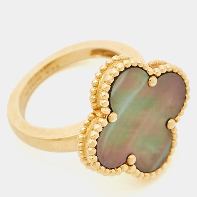 Pre Owned Van Cleef & Arpels Magic Alhambra Grey Mother of Pearl 18k Yellow Gold Ring Size 53