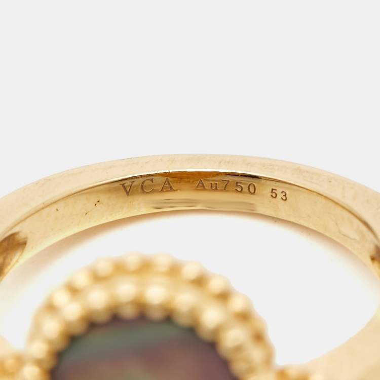 Pre Owned Van Cleef & Arpels Magic Alhambra Grey Mother of Pearl 18k Yellow Gold Ring Size 53