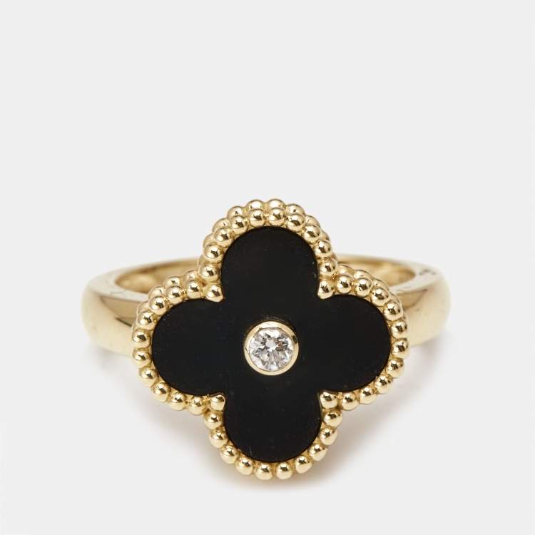 Pre Owned Van Cleef & Arpels Vintage Alhambra Diamond Onyx 18k Yellow Gold Ring Size 52