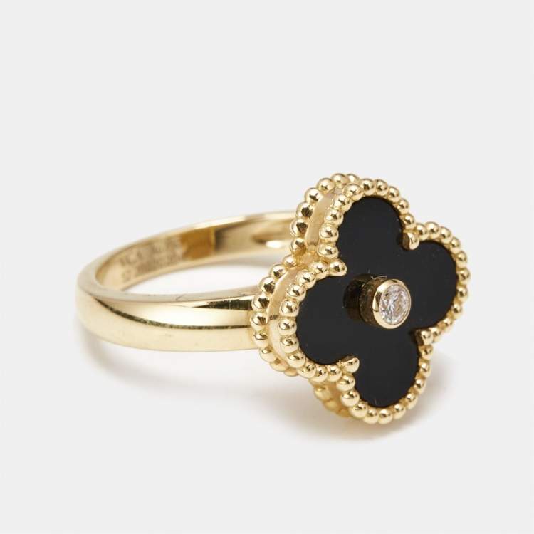 Pre Owned Van Cleef & Arpels Vintage Alhambra Diamond Onyx 18k Yellow Gold Ring Size 52